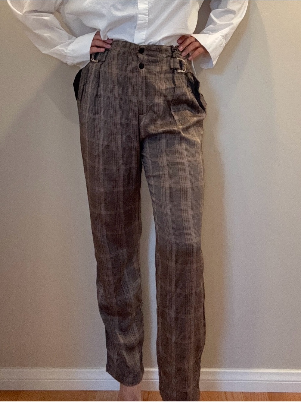 PINKO Women’s Brown Plaid Trousers with Side Buckle Detail Size 6